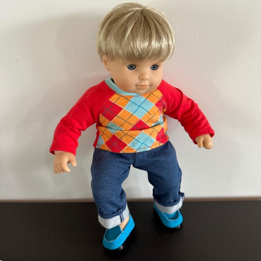 American Girl Bitty Twins Boy Doll Blonde Blue Eyes Clothes Book Set Argyle - Picture 6 of 10